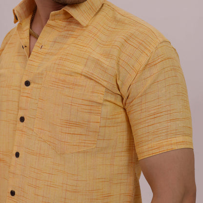 Yellow Plain Jharna Cotton Half Sleeves Shirt with Black Pant Combo Set
