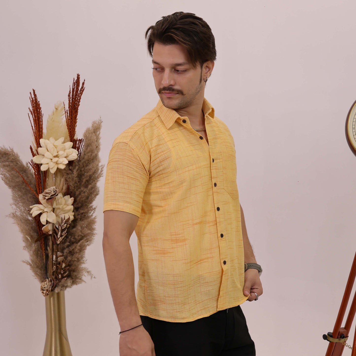 Yellow Plain Jharna Cotton Half Sleeves Shirt with Black Pant Combo Set