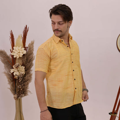 Yellow Plain Jharna Cotton Half Sleeves Shirt with Black Pant Combo Set