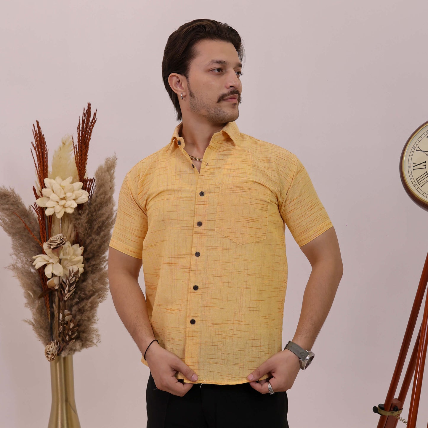 Yellow Plain Jharna Cotton Half Sleeves Shirt with Black Pant Combo Set
