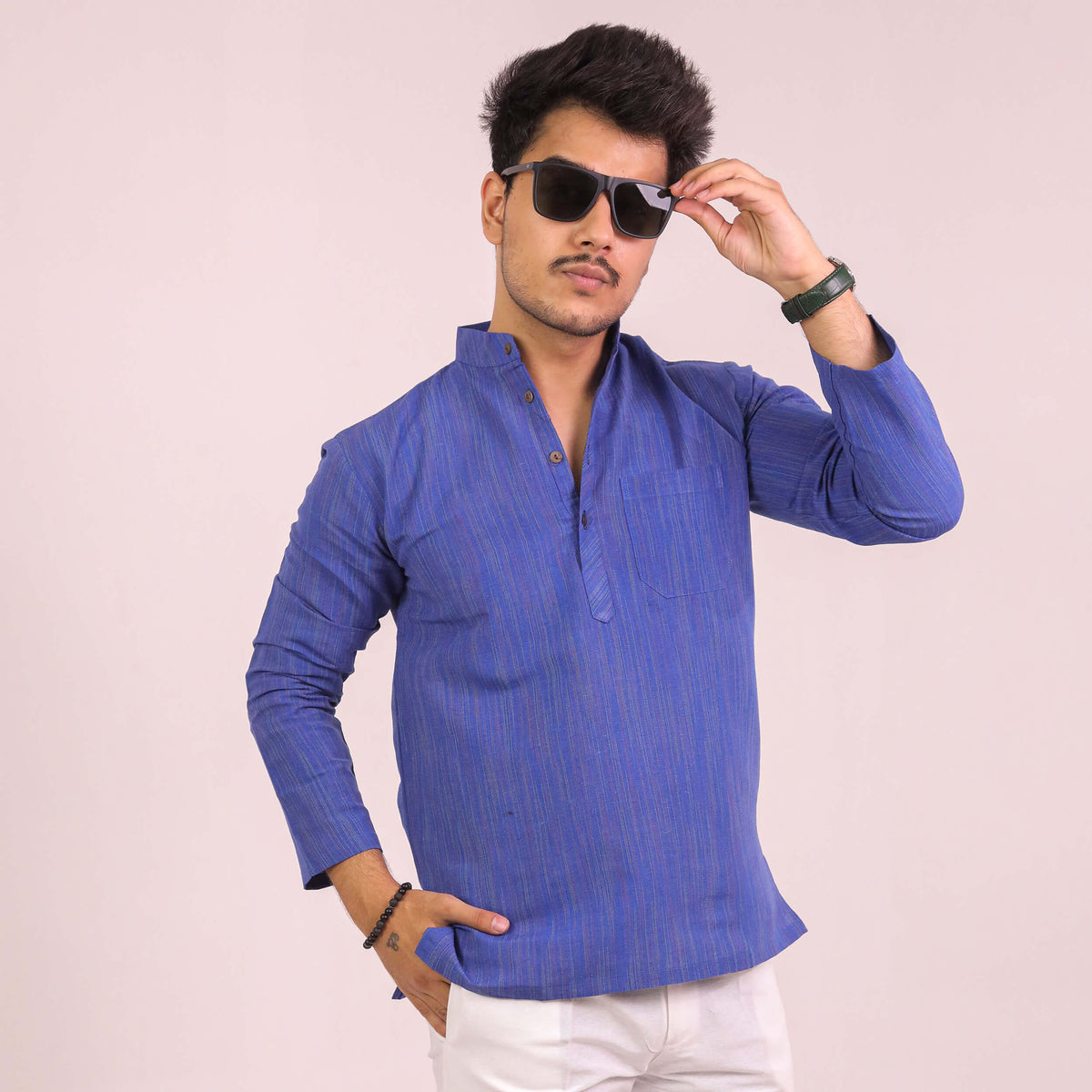 Blue Threadline Full Sleeves Kurta Pant Combo Set