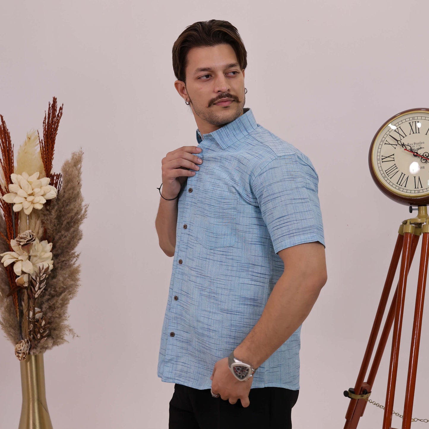 Sky Blue Plain Jharna Cotton Half Sleeves Shirt with Black Pant Combo Set