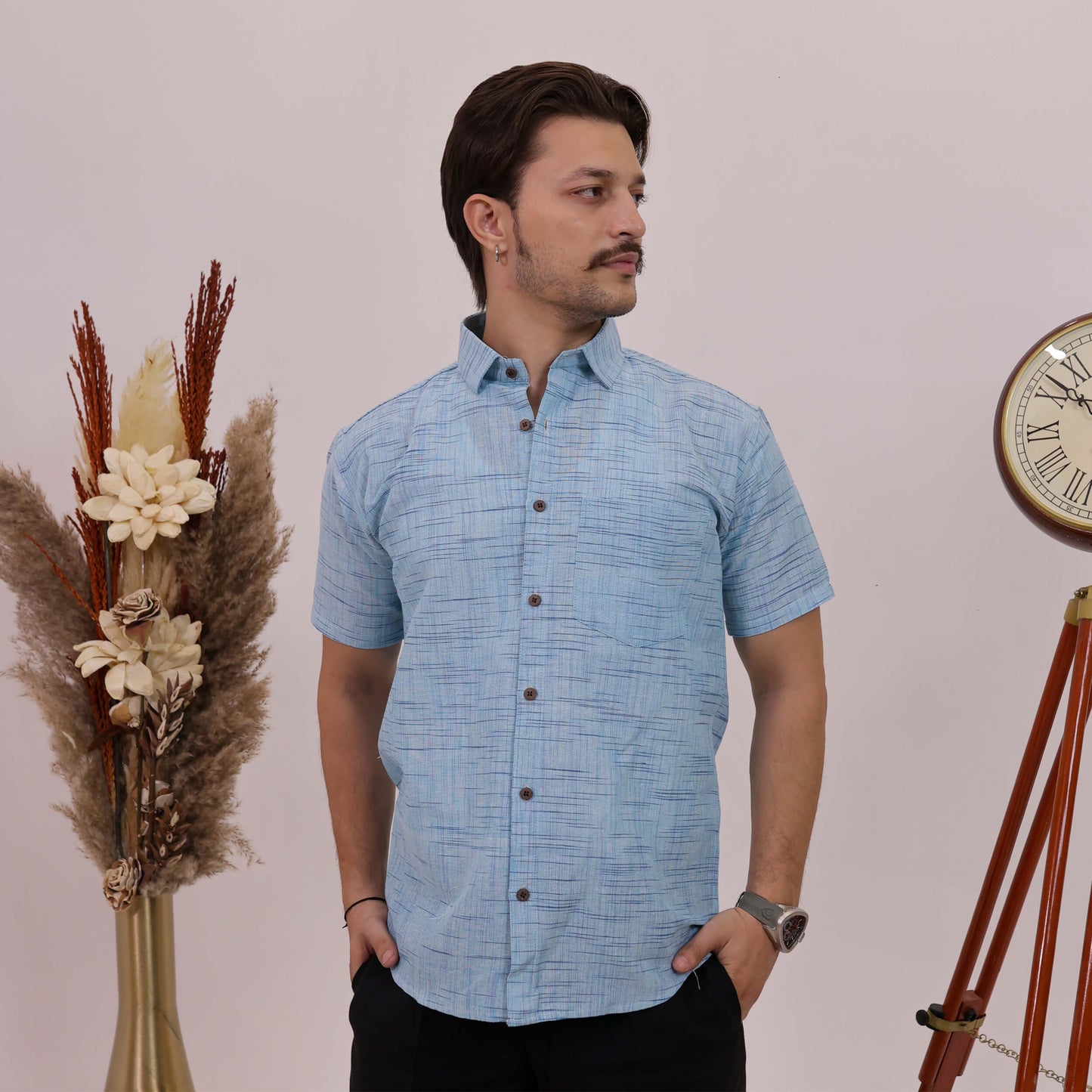 Sky Blue Plain Jharna Cotton Half Sleeves Shirt with Black Pant Combo Set