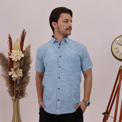Sky Blue Plain Jharna Cotton Half Sleeves Shirt with Black Pant Combo Set