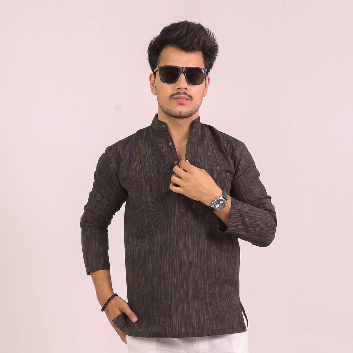 Black Thread Lines Full Sleeves Cotton Short Kurta | Kargham
