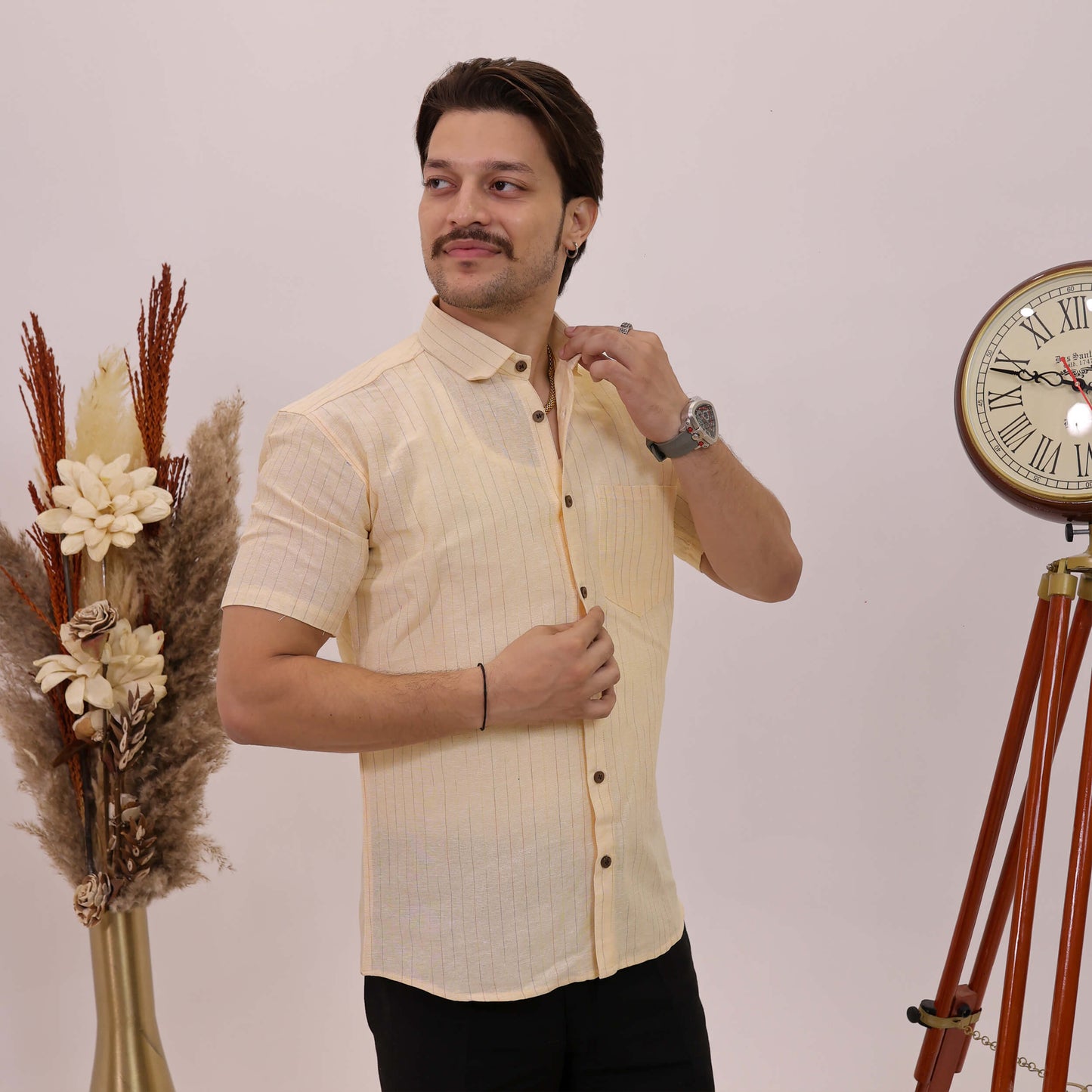 Yellow Softline Cotton Half Sleeves Shirt with Black Pant Combo Set