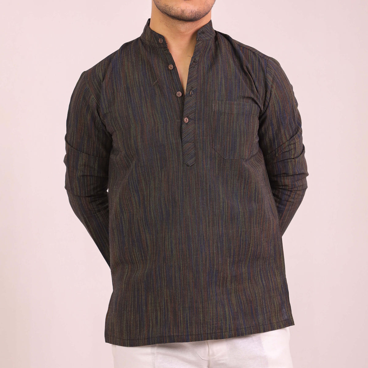 Black Thread Lines Full Sleeves Cotton Short Kurta | Kargham