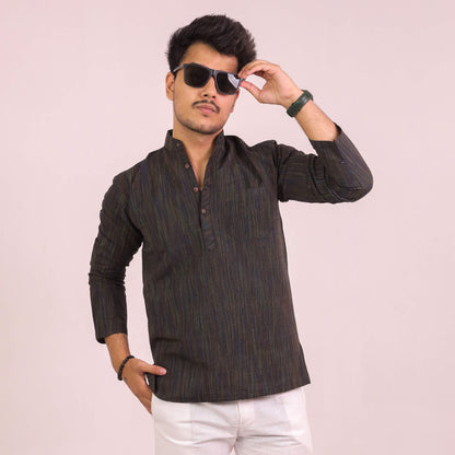 Black Thread Lines Full Sleeves Cotton Short Kurta | Kargham