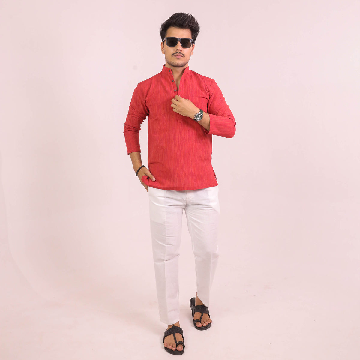 Red Threadline Full Sleeves Kurta Pant Combo Set