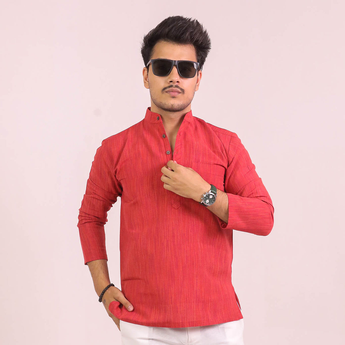 Red Thread Lines Full Sleeves Short Kurta