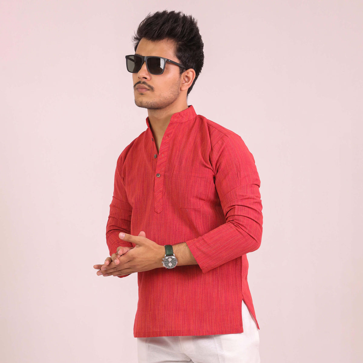 Red Thread Lines Full Sleeves Short Kurta