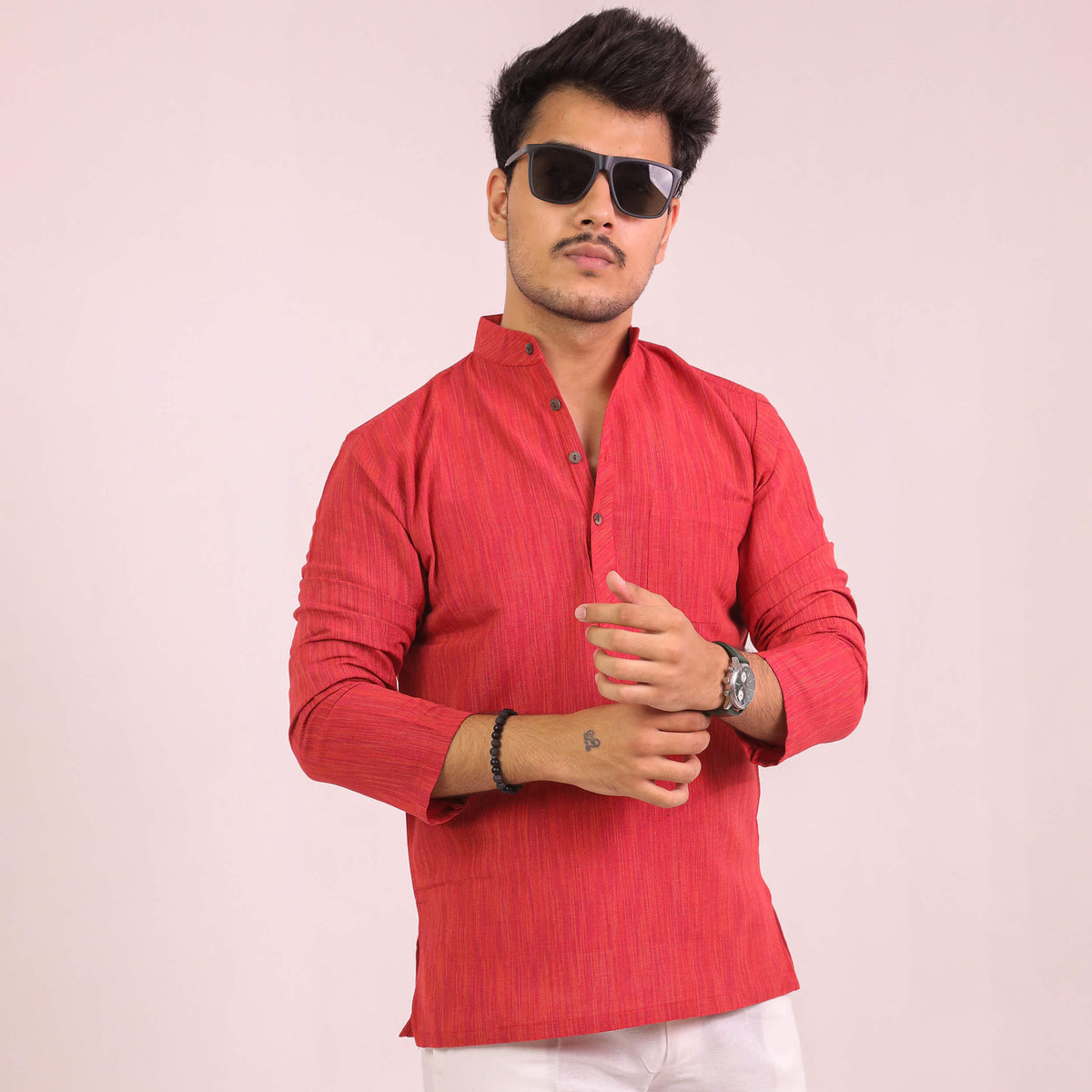 Red Threadline Full Sleeves Kurta Pant Combo Set