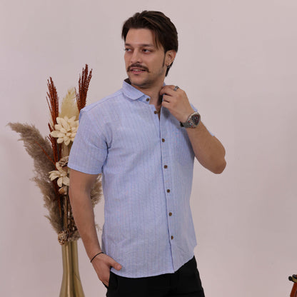 Blue Softline Cotton Half Sleeves Shirt with Black Pant Combo Set