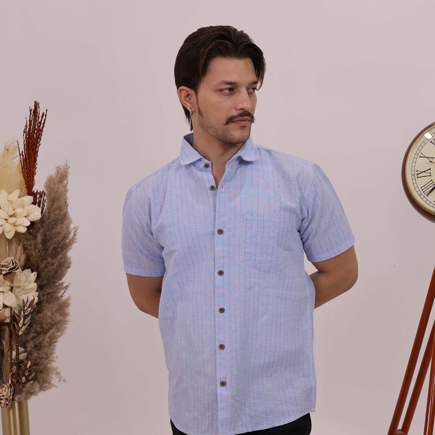 Blue Softline Cotton Half Sleeves Shirt with Black Pant Combo Set