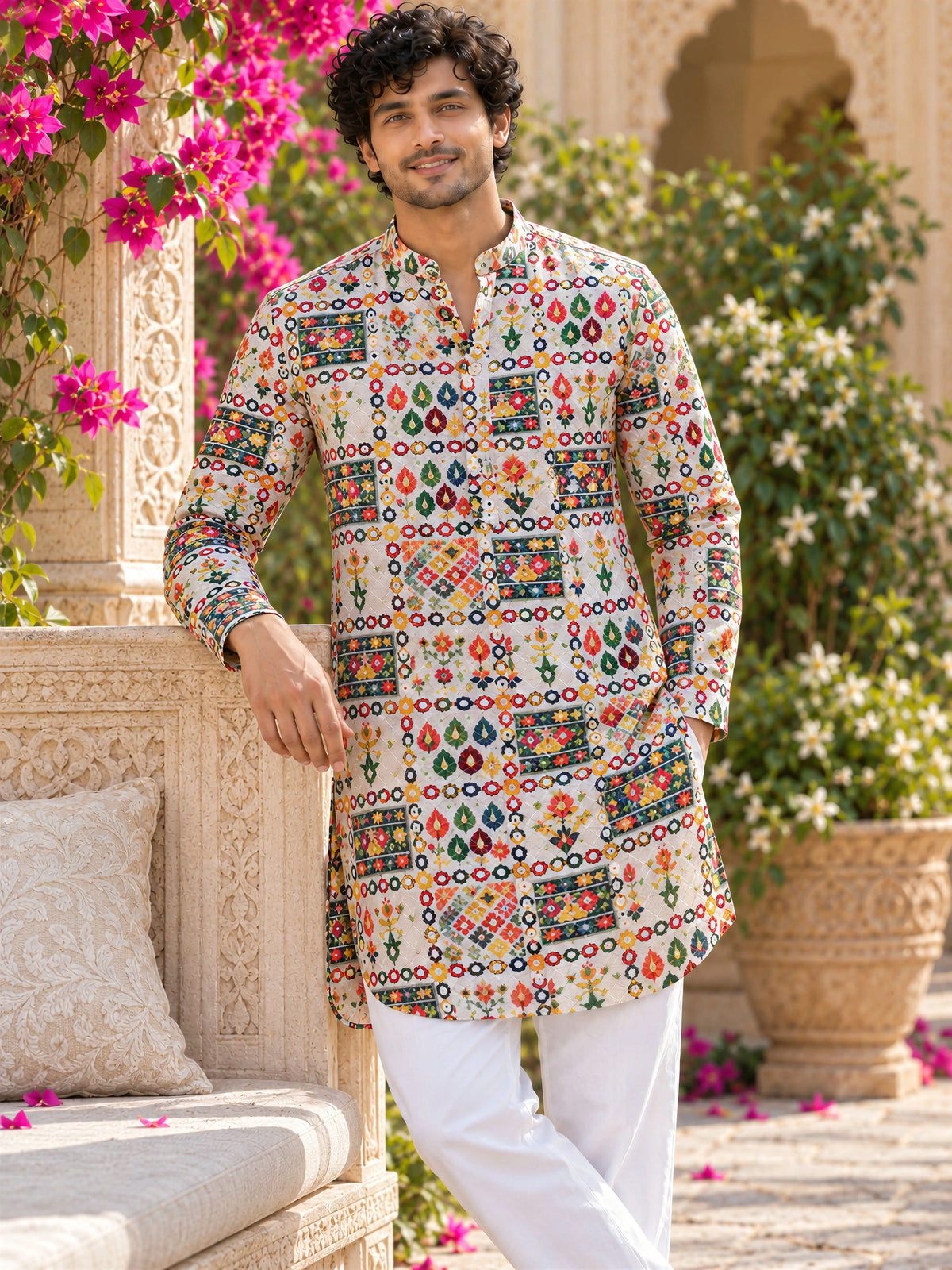 Cream Geometric Printed Men's Kurta