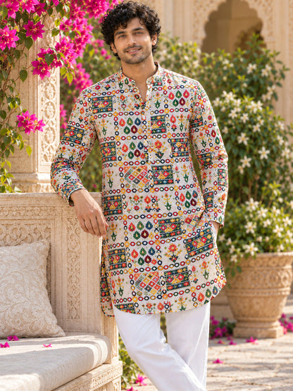 Cream Geometric Printed Men's Kurta