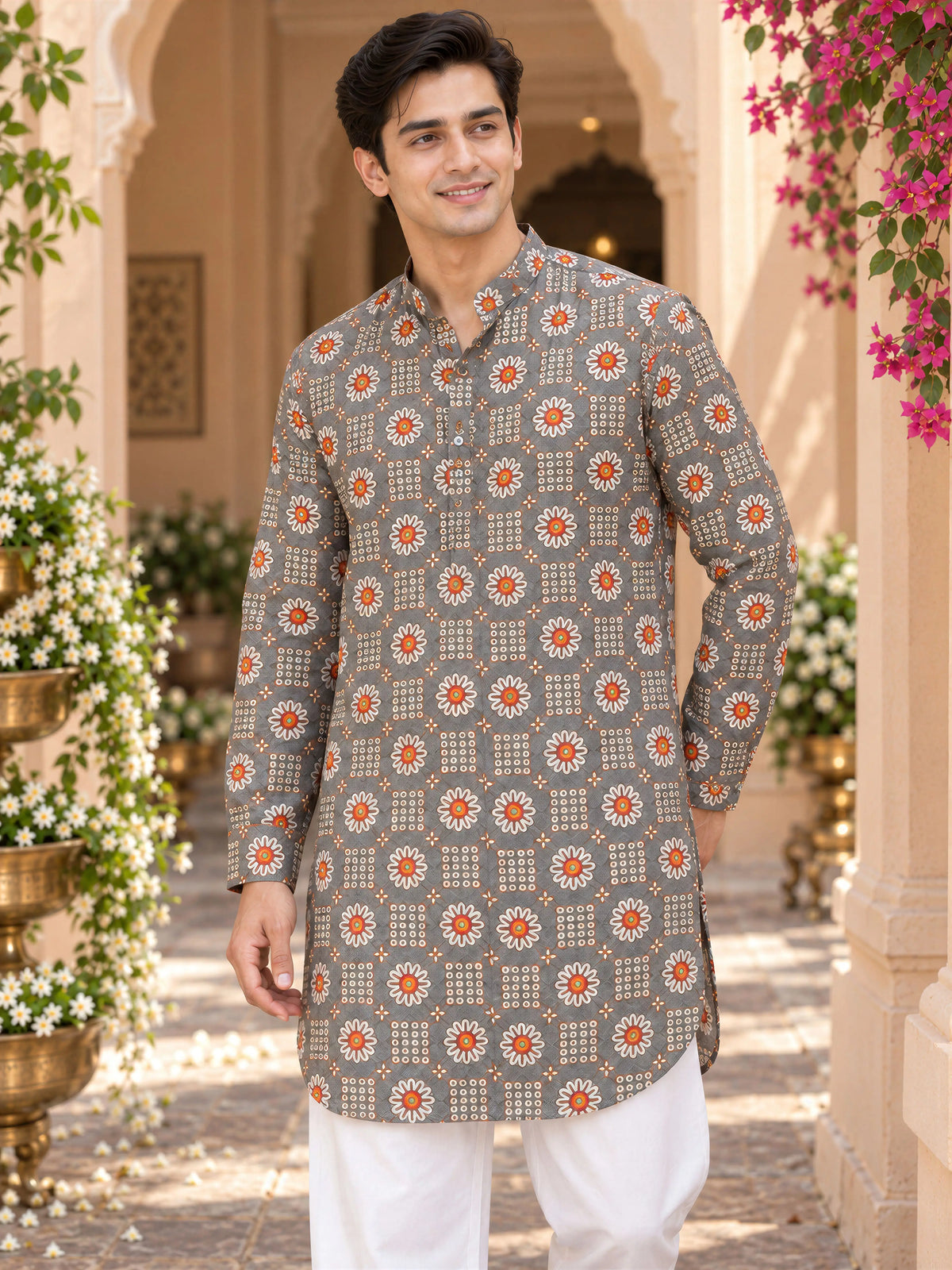 Grey Classic Printed Men's Kurta