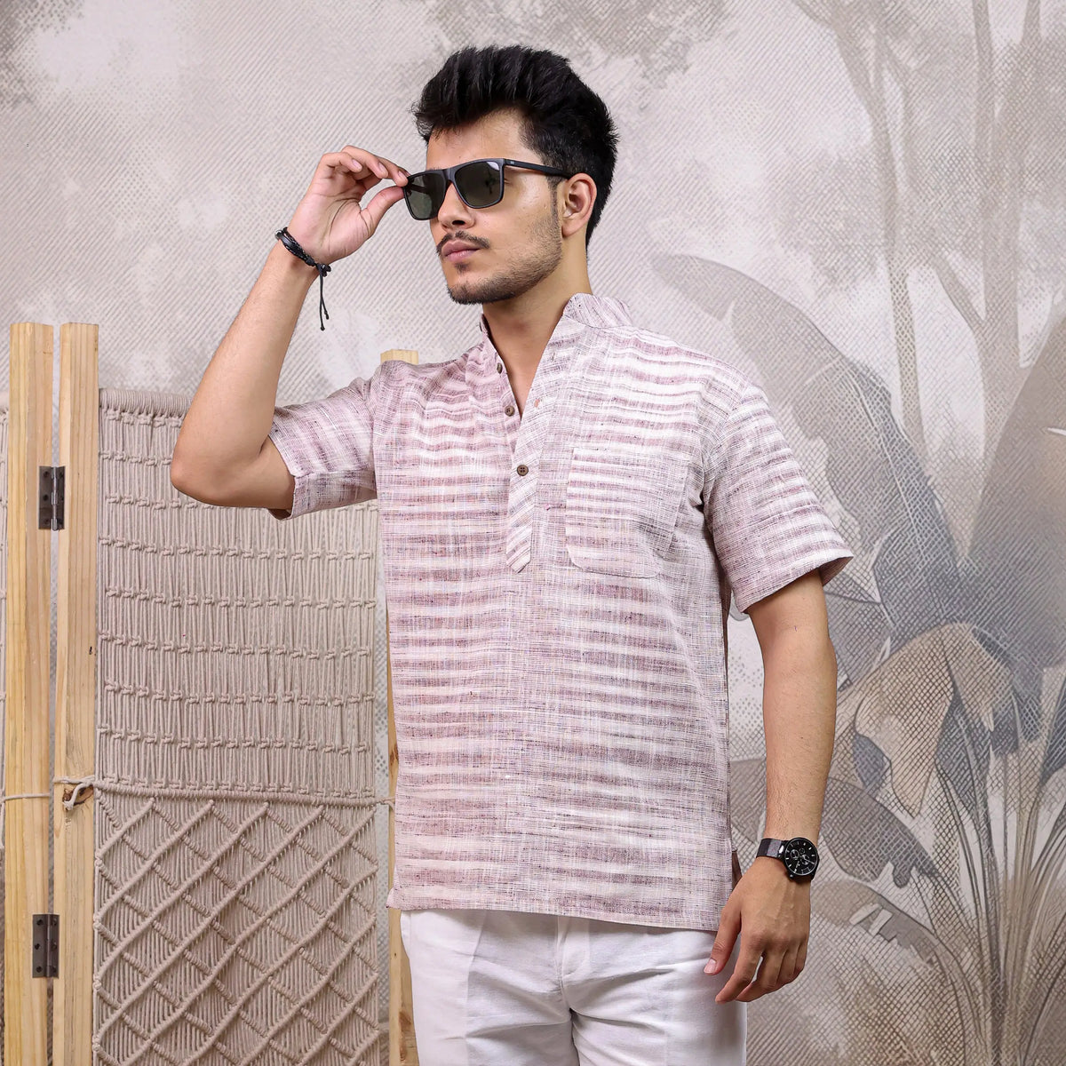Purple Pure Cotton Zebra Fabric Half Sleeve Short Kurta