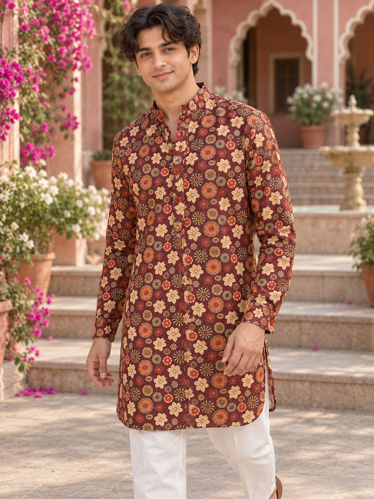 Mahroon Artistic Printed Men's Kurta