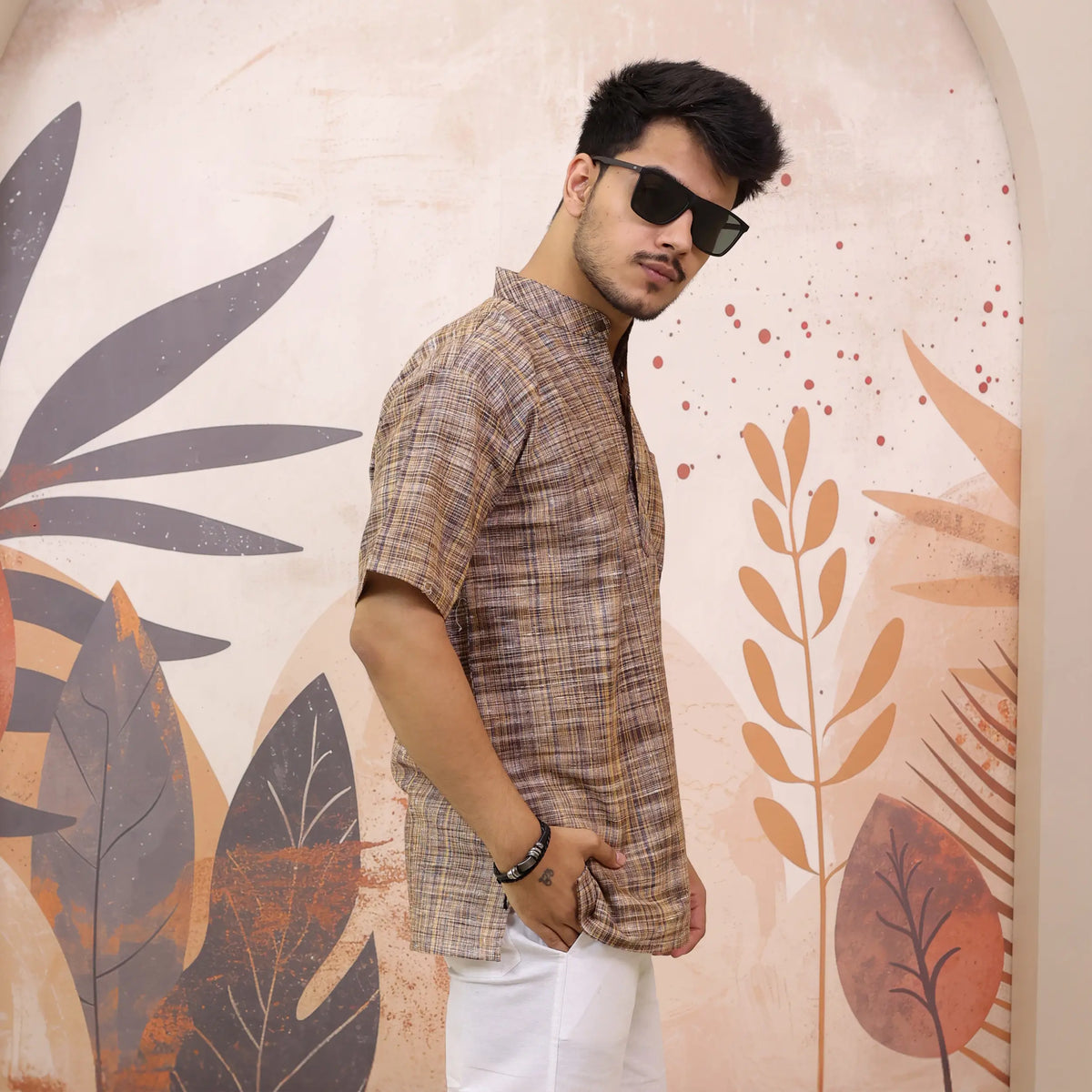 Brown Pure South Cotton Half Sleeve Short Kurta