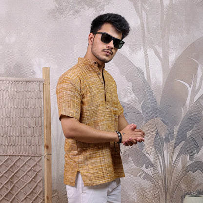Yellow Pure South Cotton Half Sleeve Short Kurta