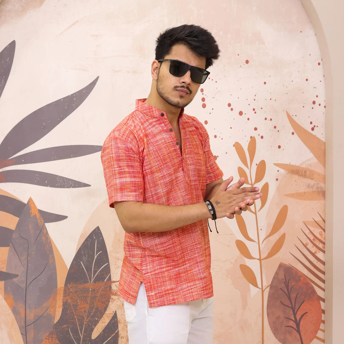 Red Pure South Cotton Half Sleeve Short Kurta