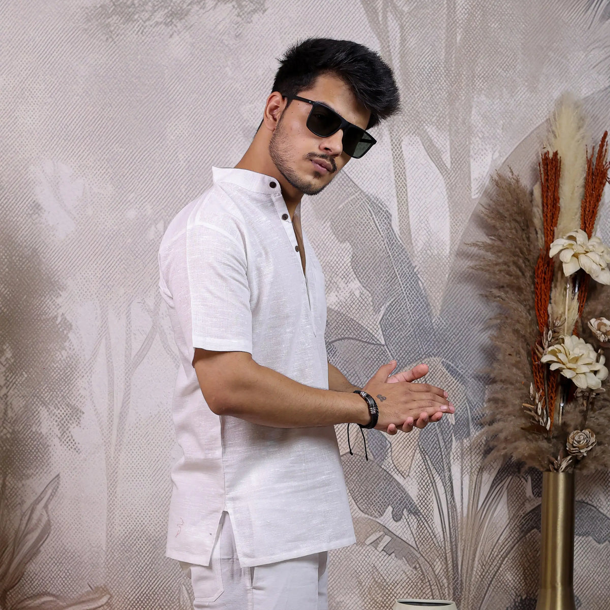 White Shudh Linen Handmade Cotton Half Sleeve Short Kurta