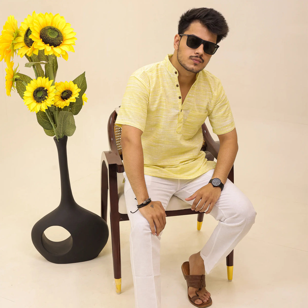 Yellow Abhilasha Pure Cotton Half Sleeve Short Kurta
