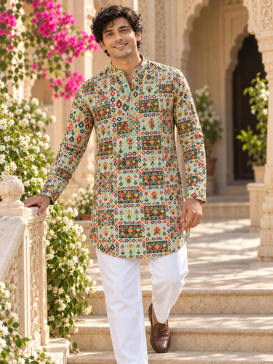 Green Vintage Printed Men's Kurta