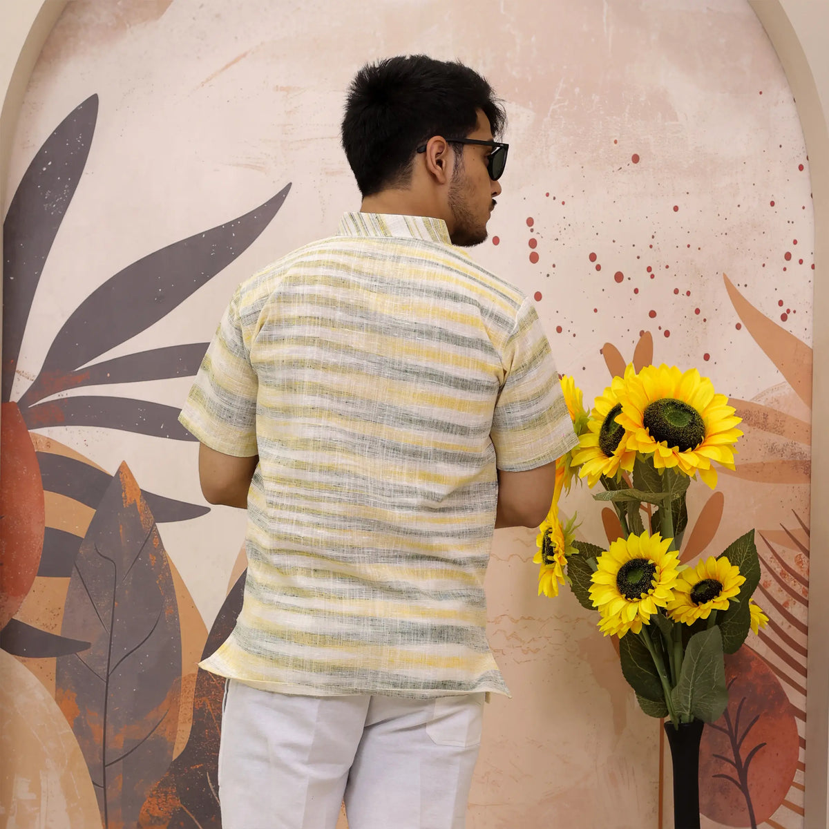 Yellow Grey Pure Cotton Zebra Fabric Half Sleeve Short Kurta