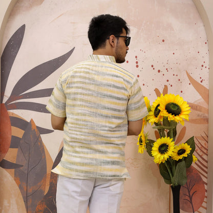 Yellow Grey Pure Cotton Zebra Fabric Half Sleeve Short Kurta
