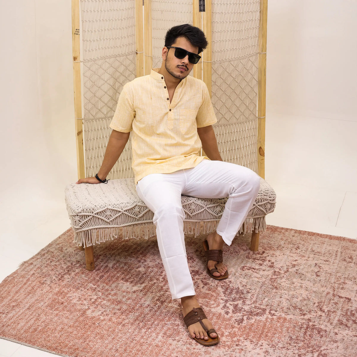 Yellow Soft Linen Cotton Blend Half Sleeve Kurta