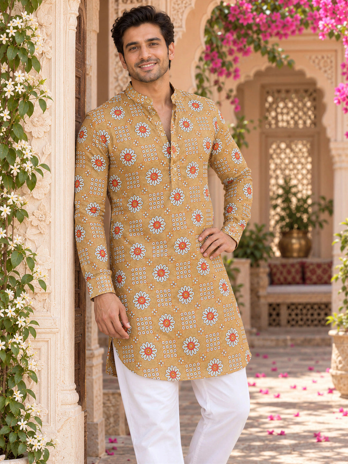 Camel Antique Floral Printed Men's Kurta