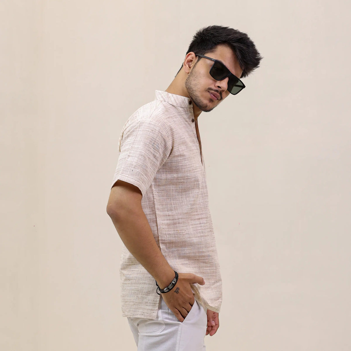 Beige Abhilasha Pure Cotton Half Sleeve Short Kurta