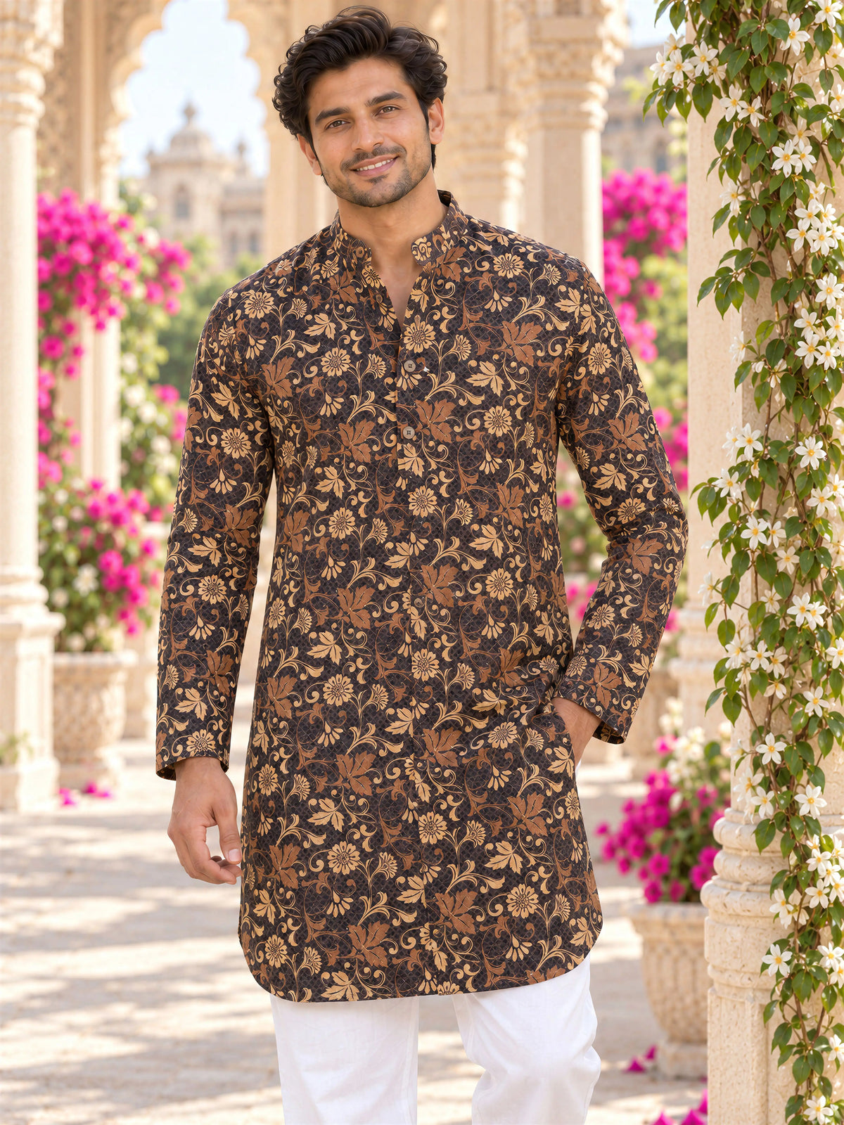 Dark Brown Vintage Printed Men's Kurta