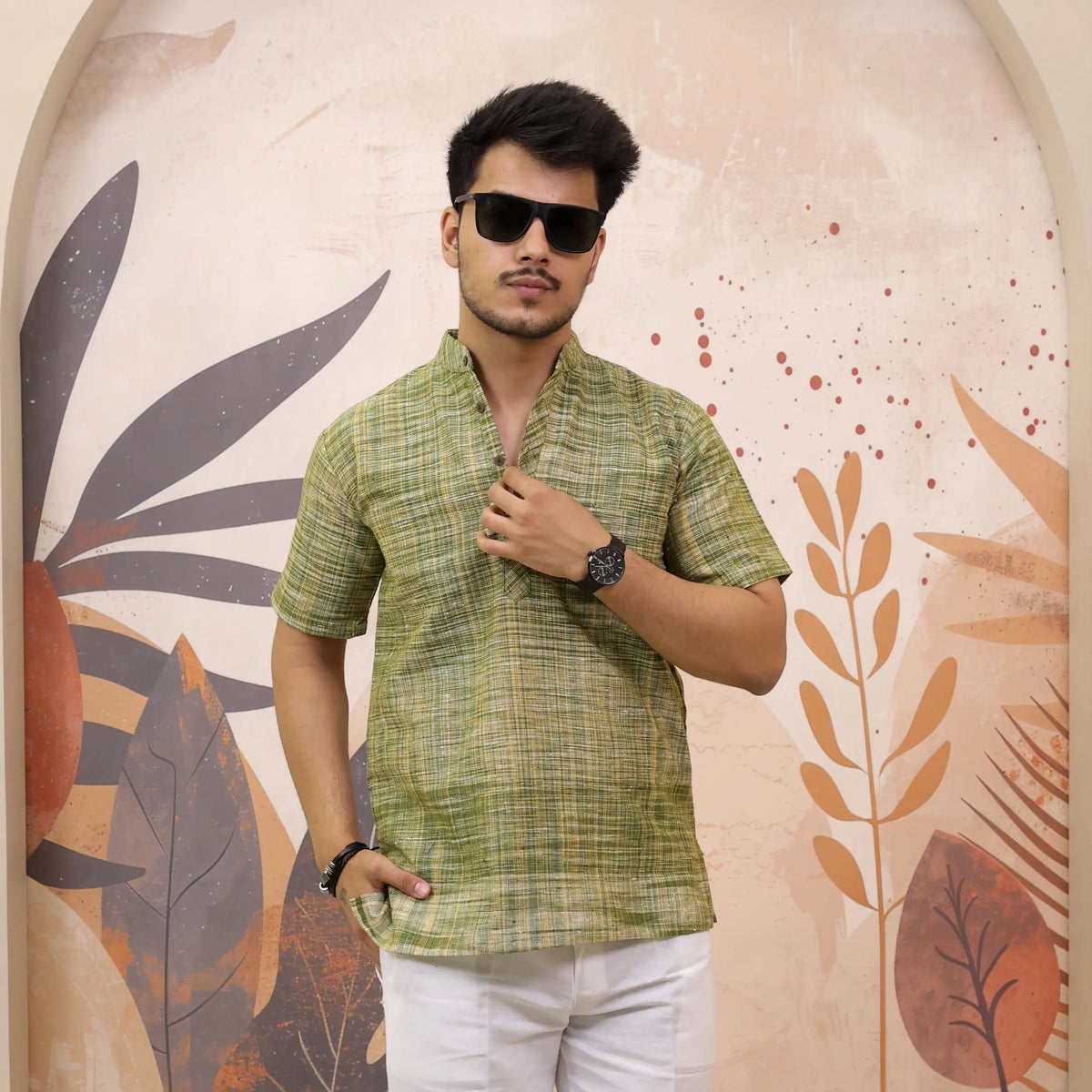 Green Pure South Cotton Half Sleeve Short Kurta