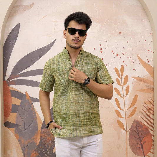 Green Pure South Cotton Half Sleeve Short Kurta