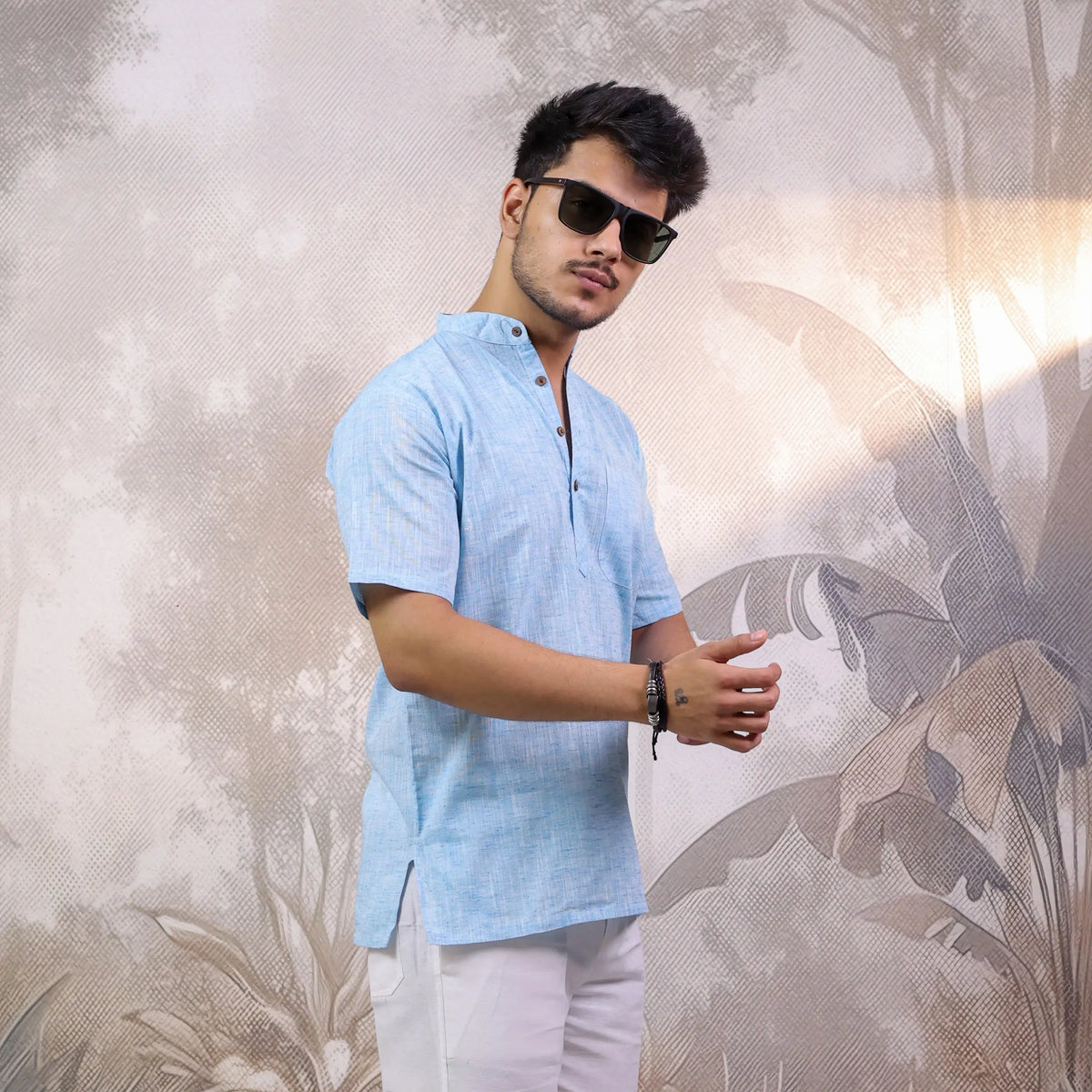 Blue Soft Linen Cotton Blend Half Sleeve Kurta