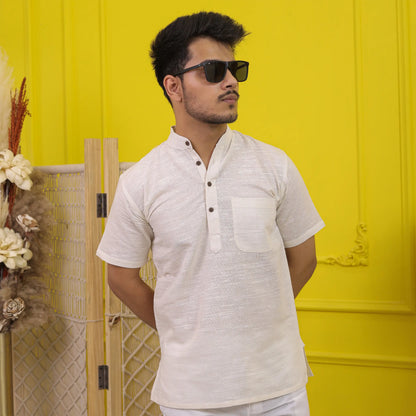 Cream Shudh Linen Handmade Cotton Half Sleeve Co ord Set