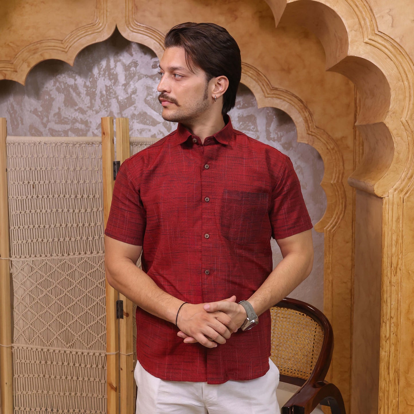 Red Dark Jharna Shirt for Men | Half Sleeves Cotton Shirt