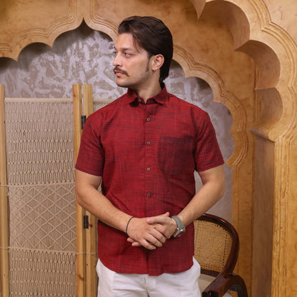 Red Dark Jharna Shirt for Men | Half Sleeves Cotton Shirt