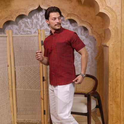 Red Dark Jharna Shirt for Men | Half Sleeves Cotton Shirt