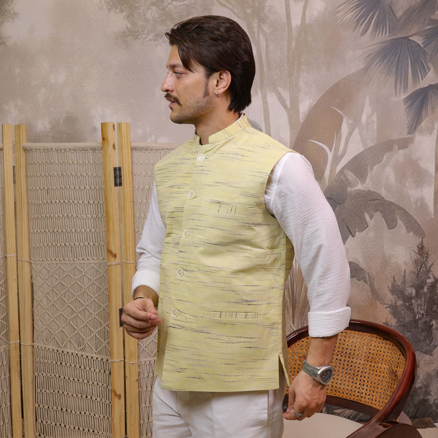 Side profile of Yellow Handloom Cotton Bhagalpur Modi Jacket for Men | Kargham highlighting the elegant handloom weave and classic fit.