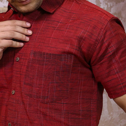 Red Dark Jharna Shirt for Men | Half Sleeves Cotton Shirt