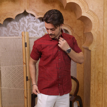 Red Dark Jharna Shirt for Men | Half Sleeves Cotton Shirt