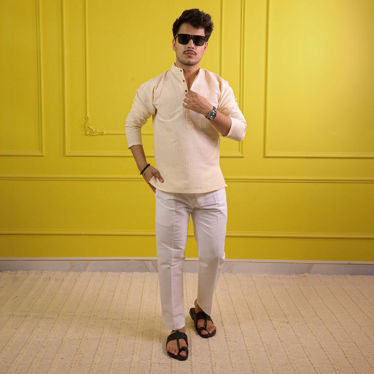 Yellow Softline Full Sleeves Kurta Pant Combo Set