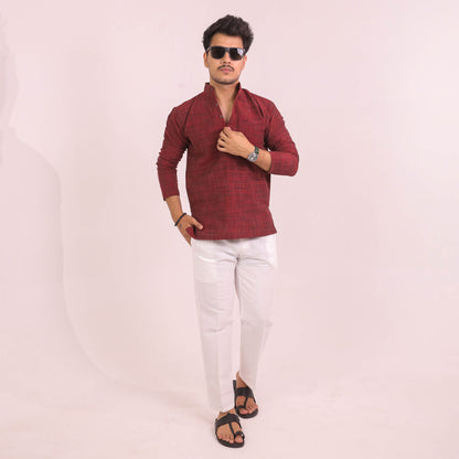 Red Dark Jharna Full Sleeves Kurta Pant Combo Set