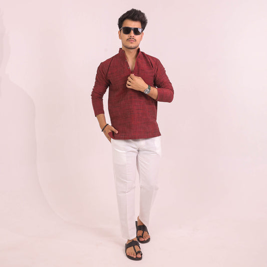 Red Dark Jharna Full Sleeves Kurta Pant Combo Set