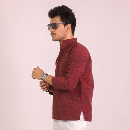 Red Dark Jharna Full Sleeves Kurta Pant Combo Set