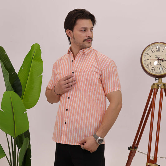 Orange-White Stripped Cotton Shirt for Men | Half Sleeves